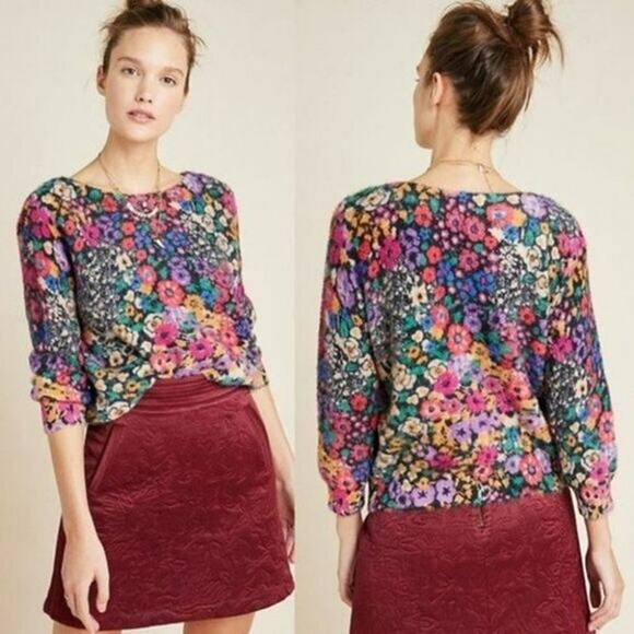 ANTHROPOLOGIE BOUQUET EYELASH SWEATER - FUZZY FALL FLORAL!  S - Picture 1 of 5